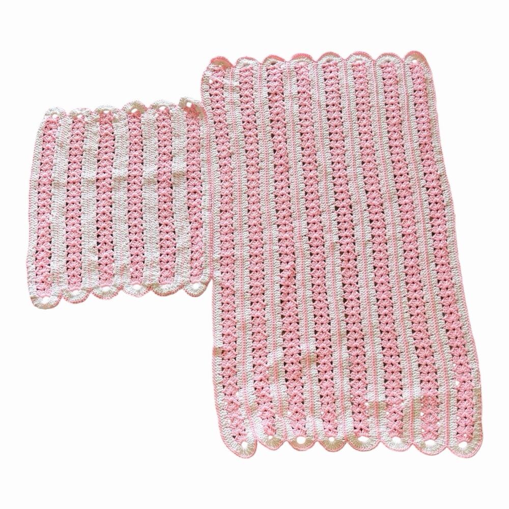 Handmade Crochet Pink And White Baby Bed Afghan Blanket & Pillow Cover Gift
